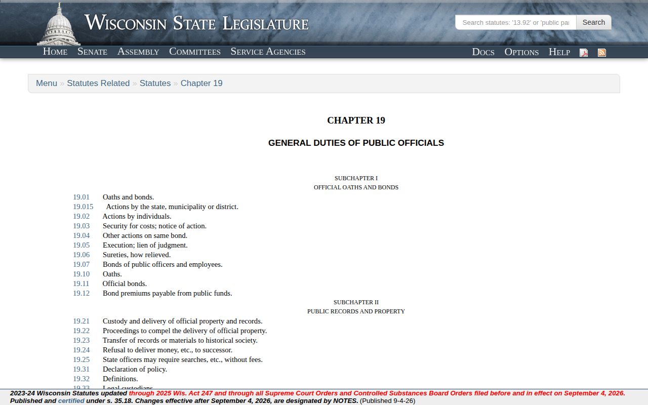 Wisconsin statutes chapter 19 public-records source