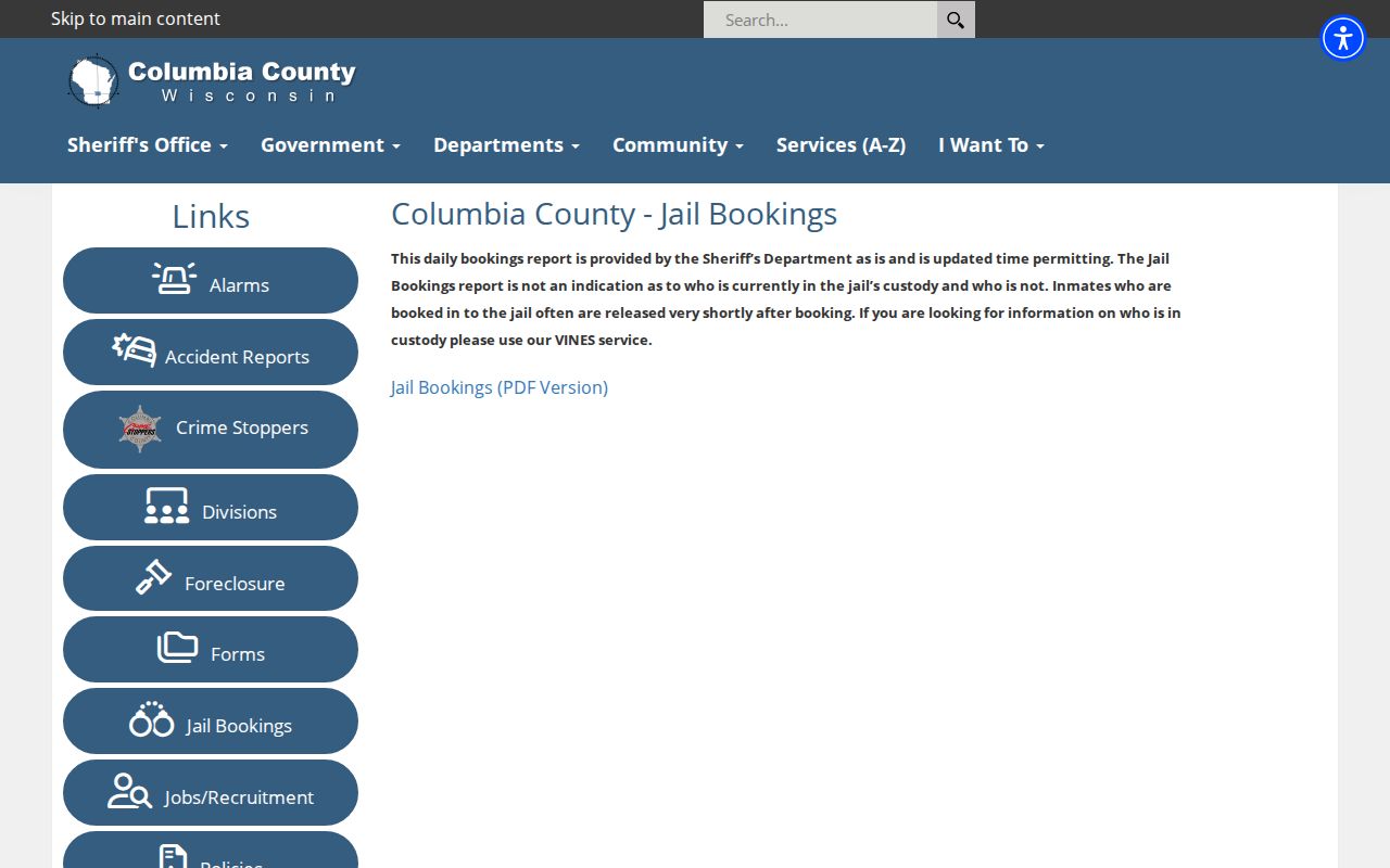 Columbia County daily booking report page with custody caveat