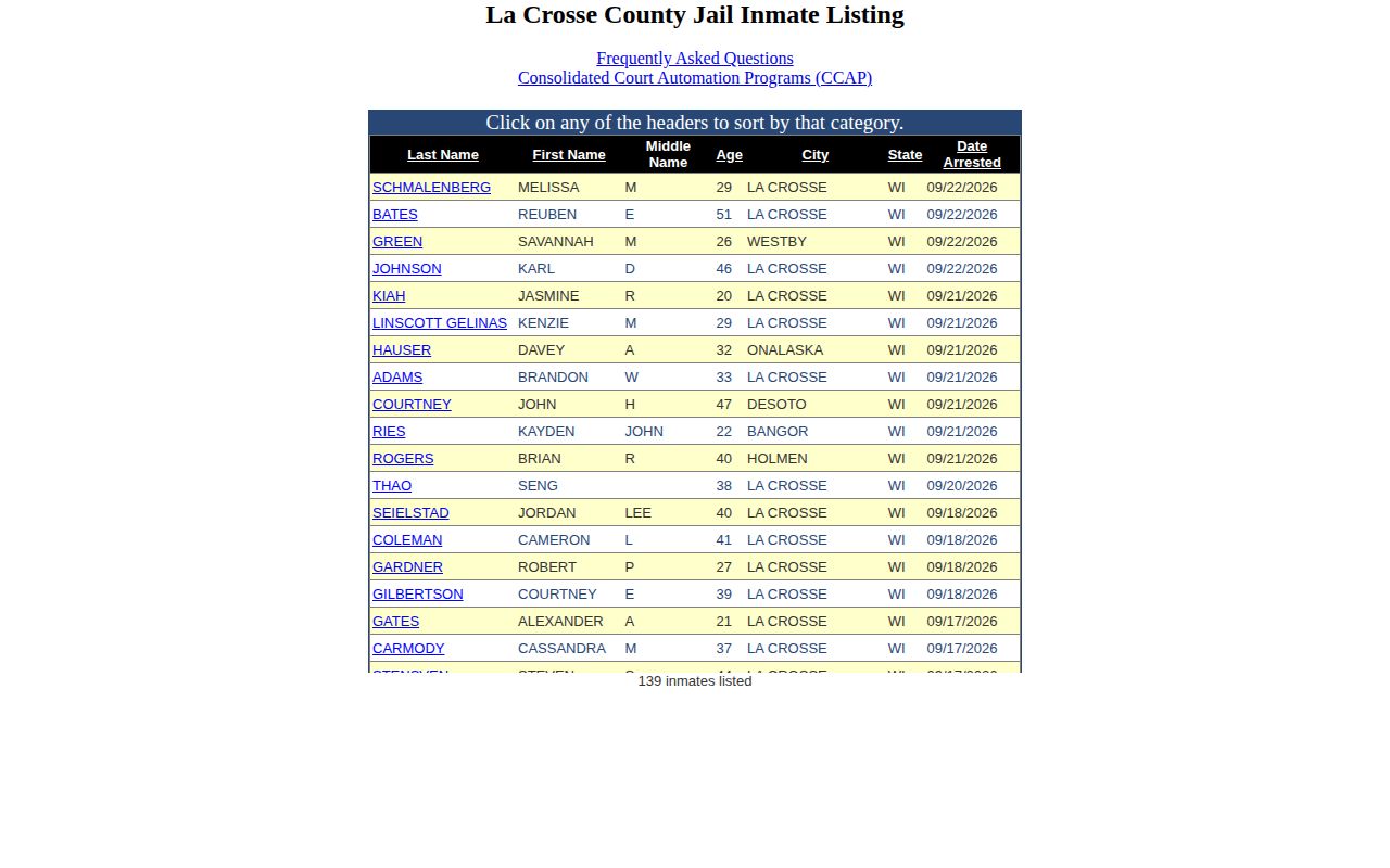 La Crosse County inmate detail interface with booking fields
