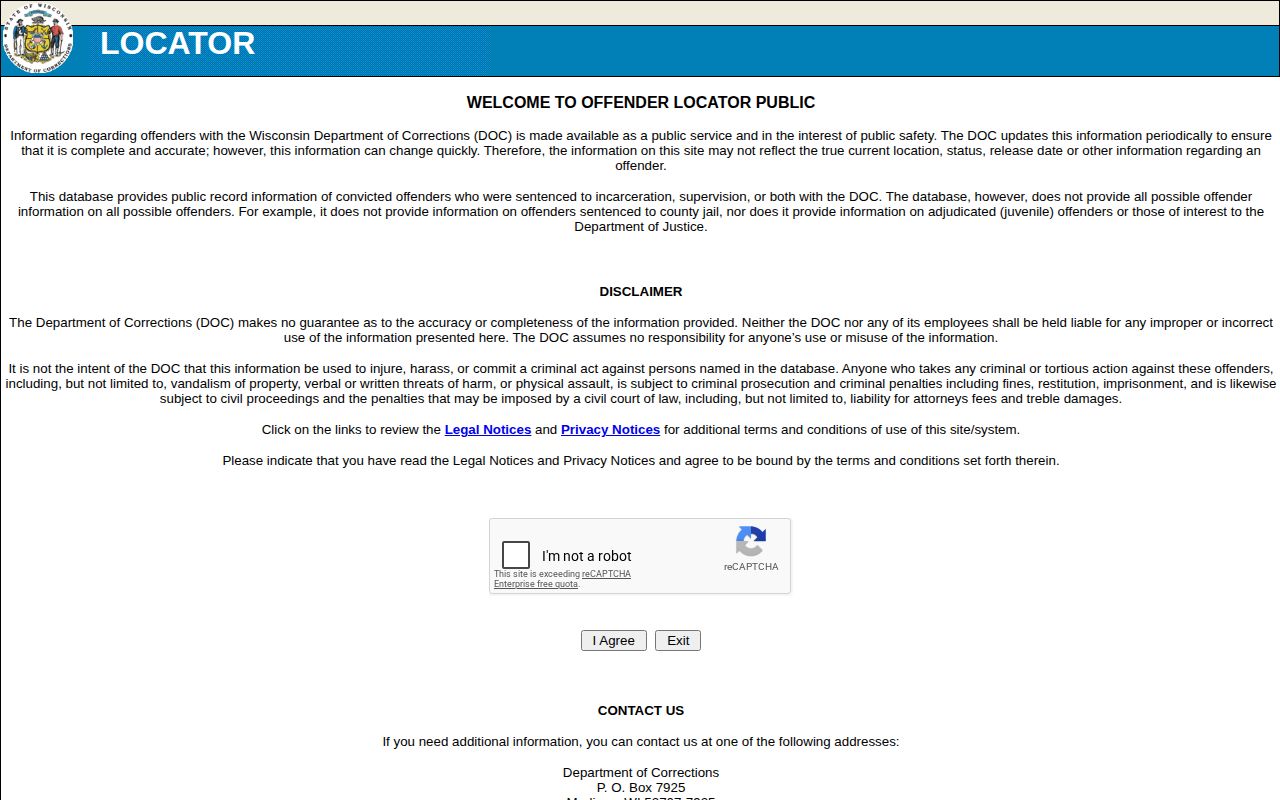Wisconsin DOC Offender Locator search agreement and scope notice
