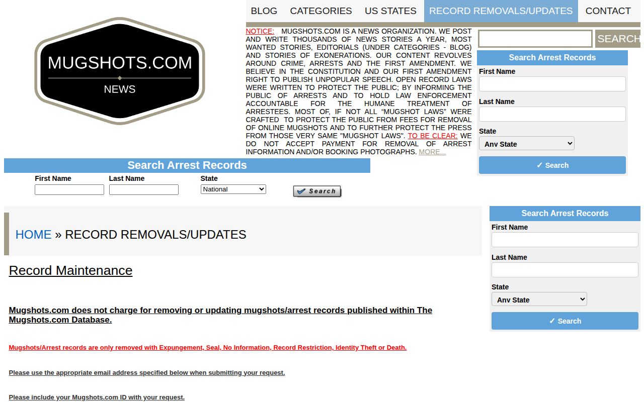 Wisconsin Mugshots.com record-maintenance page describing free correction requests