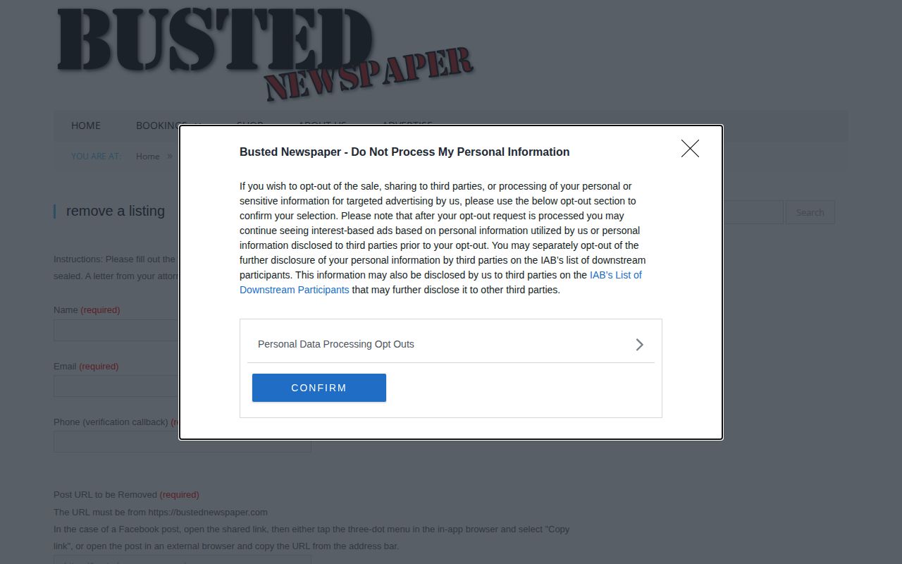 Busted Newspaper's published free request page for correcting a Wisconsin arrest listing