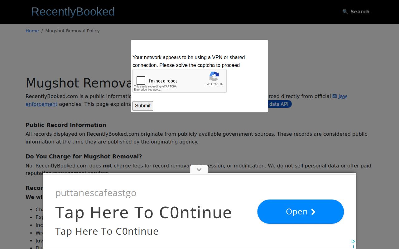 Wisconsin RecentlyBooked policy for booking-record corrections and updates
