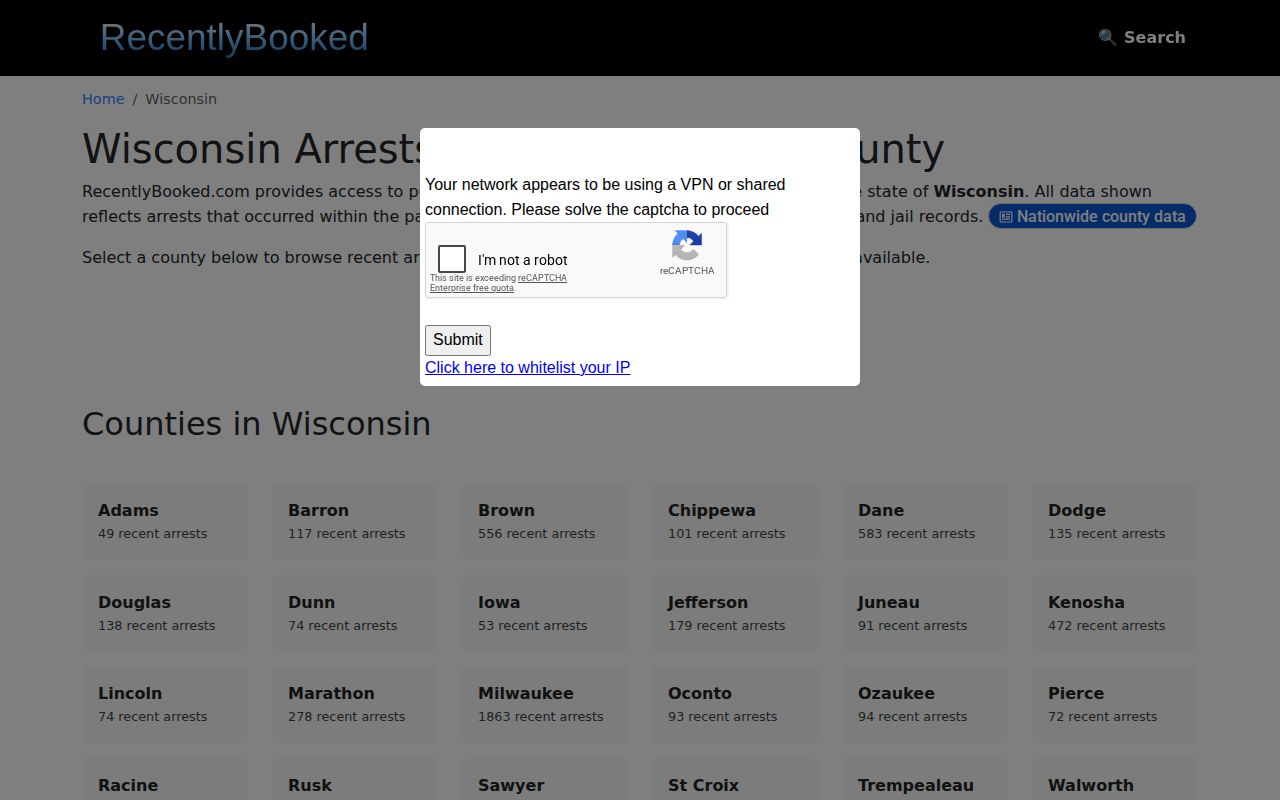 Unofficial Wisconsin recent-booking index with a limited county selection