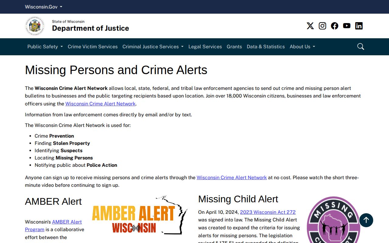 Wisconsin DOJ Crime Alert Network page for public safety alerts